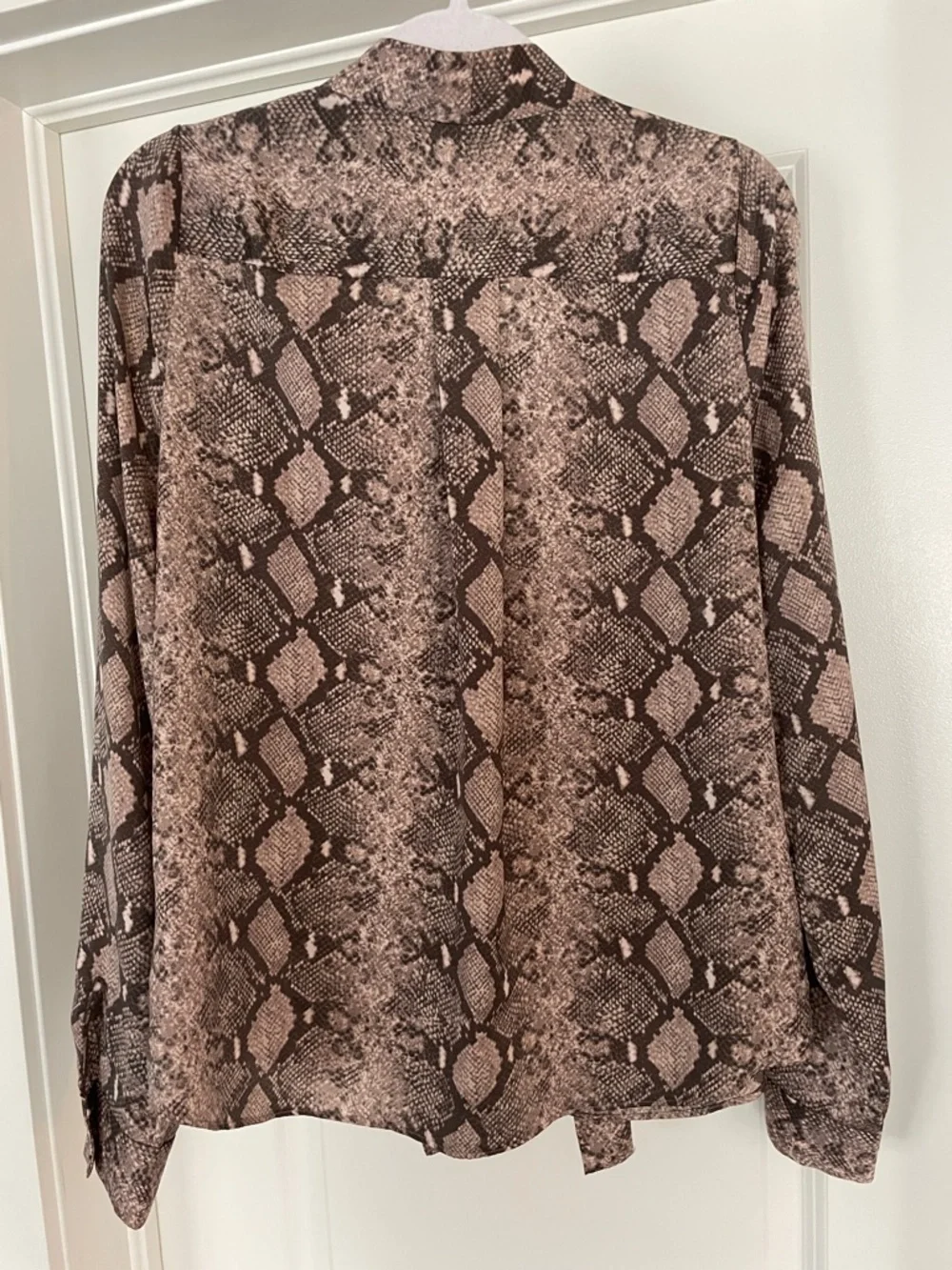 Stella & Dot Taupe and Brown Snake-Print Tie-Neck Blouse - Picture 13 of 16